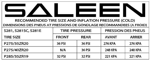 Label, Saleen Tire Pressure, 05-09, S281, S281SC, S281E