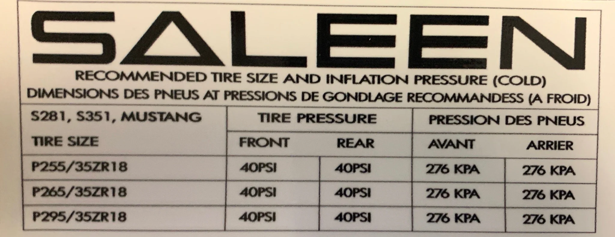 Label, Saleen Tire Pressure, 99-04, S281